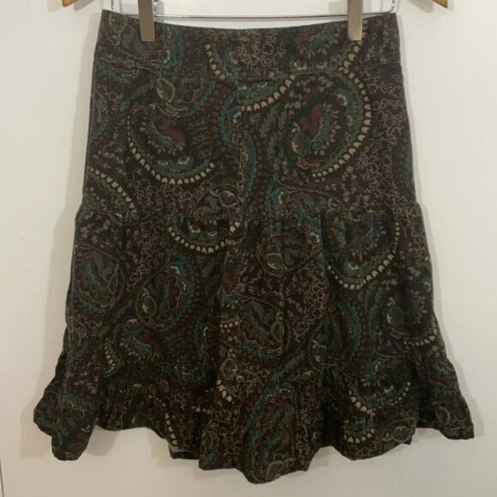 LOFT Corduroy Ruffle Skirt, Cotton, Brown with Multicolor Floral, Size 0